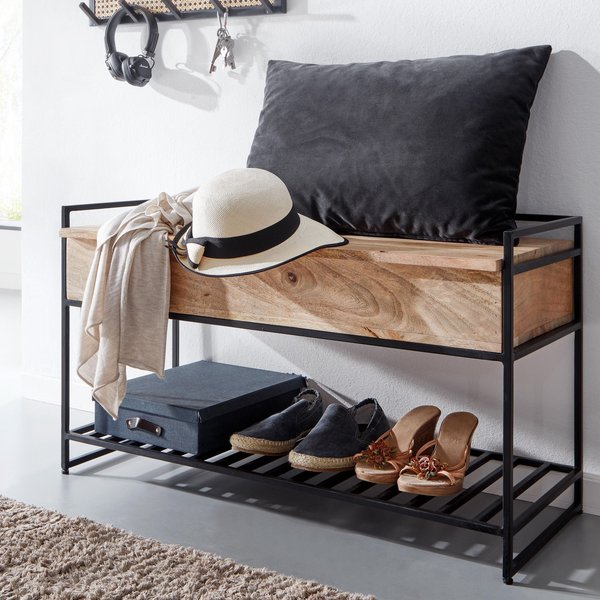 FineBuy Sitzbank mit Stauraum 90 cm Mango Massivholz - Garderobenbank Holz mit Schuhablage - Schuhbank mit Sitzfläche - Flurbank Handmade
