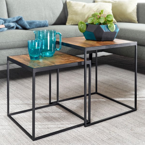 FineBuy Wohnzimmertisch 2er Set Mango Massivholz / Metall Beistelltisch Eckig, Design Beistelltisch Industrial, Sofatisch Couchtisch Quadratisch, Tischset 2-teilig Satztisch