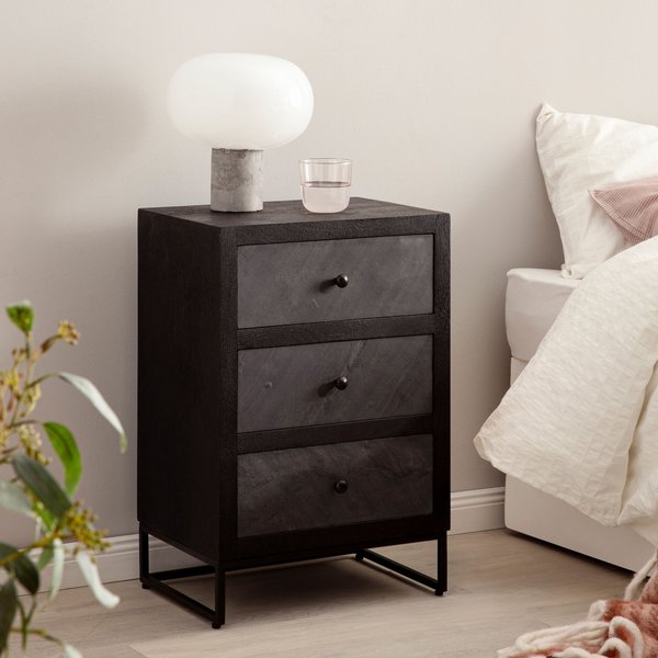 FineBuy Nachttisch aus Mango Massivholz mit Fronten in Steinoptik und 3 Schubladen – Design Nachtkonsole, Nachtschrank für Boxspringbett - Nachtkästchen 40x60x30 cm