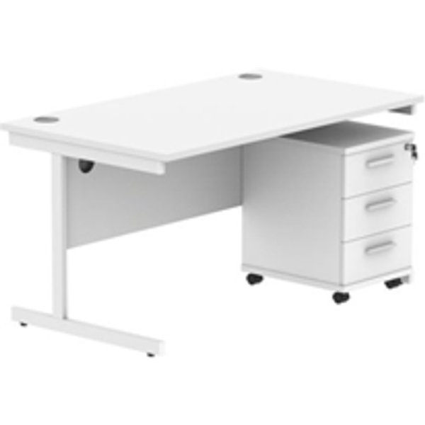 Single Upright Rect Desk + 3 Drawer Mobile Ped 1400X800 White/White