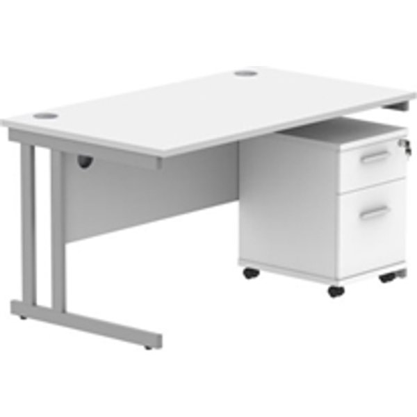 Double Upright Rect Desk + 2 Drawer Mobile Ped 1400X800 White/Silver