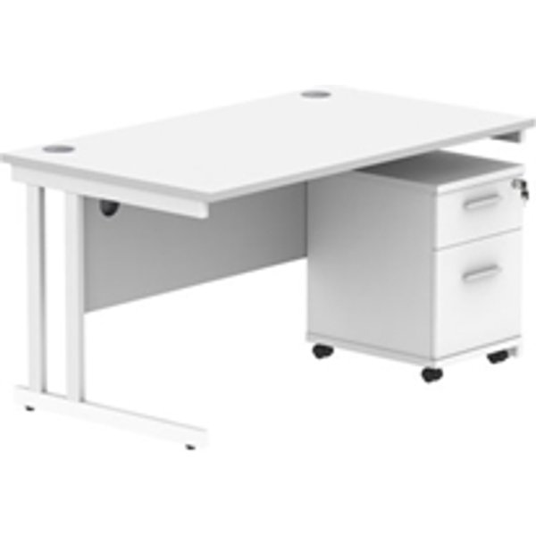 Double Upright Rect Desk + 2 Drawer Mobile Ped 1400X800 White/White