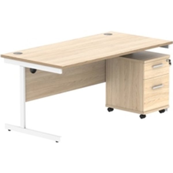 Single Upright Rect Desk + 2 Drawer Mobile Ped 1600X800 Oak/White