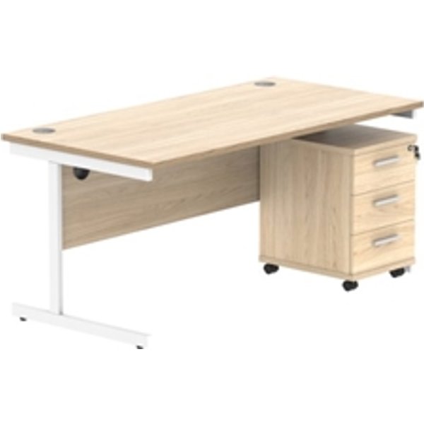 Single Upright Rect Desk + 3 Drawer Mobile Ped 1600X800 Oak/White