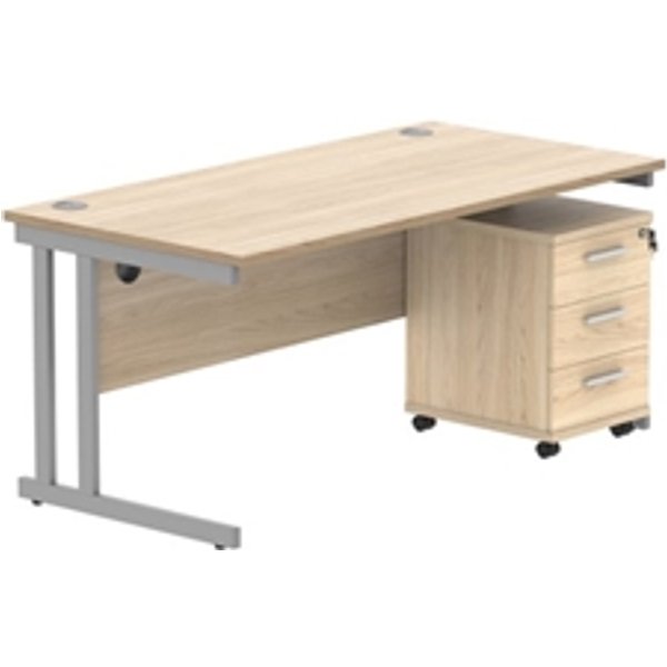 Double Upright Rect Desk + 3 Drawer Mobile Ped 1600X800 Oak/Silver