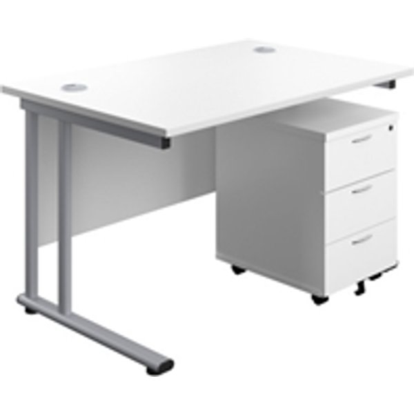 1200X800 Twin Rectangular Desk White-Silver + Mobile 3 Drawer Ped