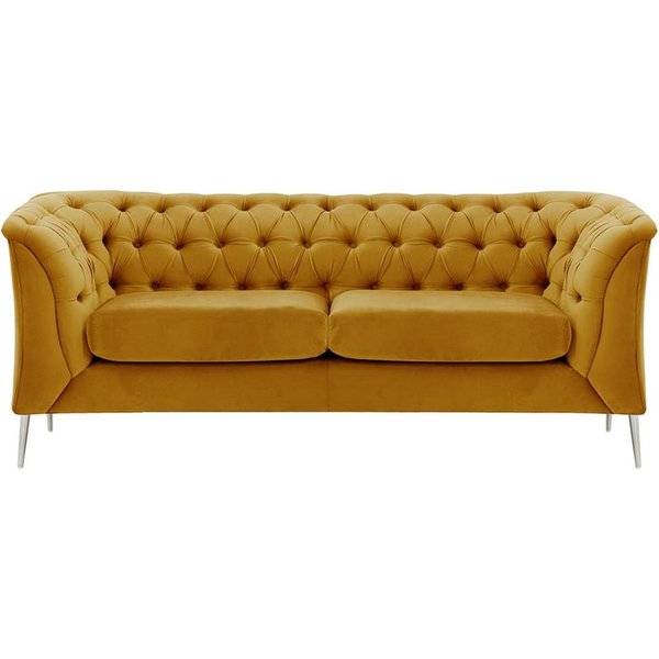 Chesterfield Modern 2 Seater Sofa, mustard, Leg colour: chrome metal