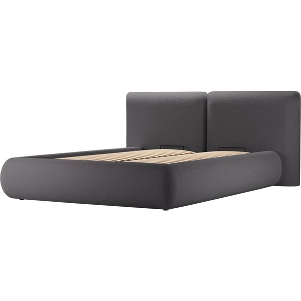 Upholstered bed Agape 4'6 with lift-up frame and bedding storage, boucle grey