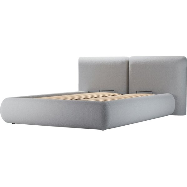 Upholstered bed Agape 4'6 with lift-up frame and bedding storage, boucle grey