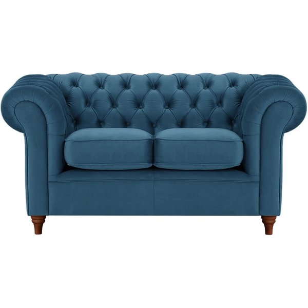 Chesterfield 2 Seater Sofa, blue, Leg colour: dark oak