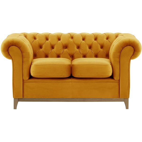 Chesterfield Wood 2-Seater Sofa, mustard, Leg colour: wax black