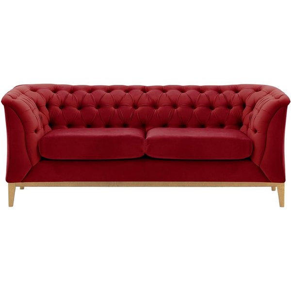 Chesterfield Modern 2 Seater Sofa Wood, dark red, Leg colour: like oak