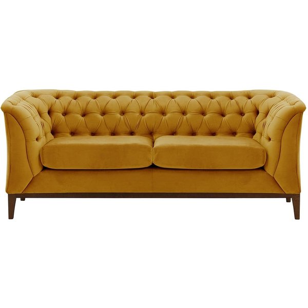 Chesterfield Modern 2 Seater Sofa Wood, mustard, Leg colour: dark oak
