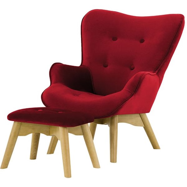 Ducon Mini Velvet Children's Wingback Chair + Footstool, dark red, Leg colour: like oak