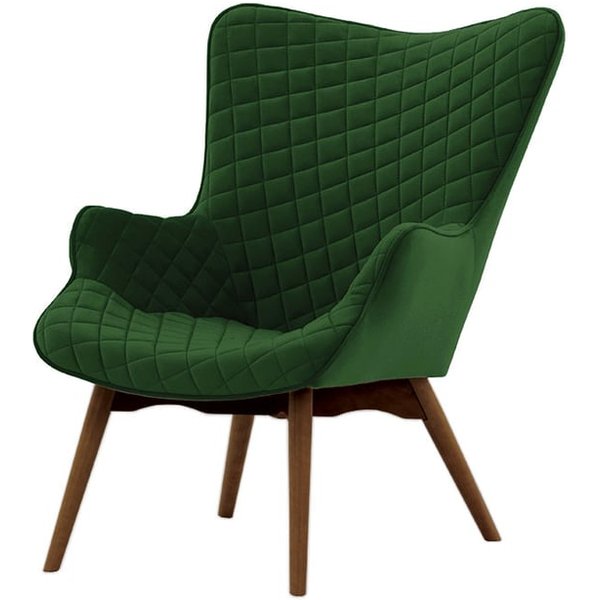 Ducon Velvet Wingback Chair With Stitching, dark green, Leg colour: dark oak