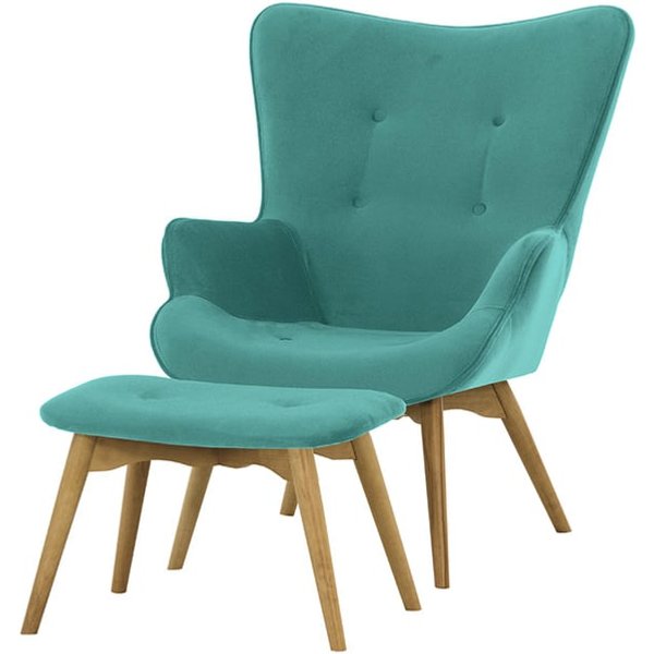 Ducon Velvet Wingback Chair + Footstool, light blue, Leg colour: like oak