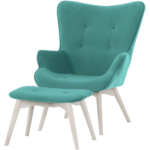 Ducon Velvet Wingback Chair + Footstool, light blue, Leg colour: white