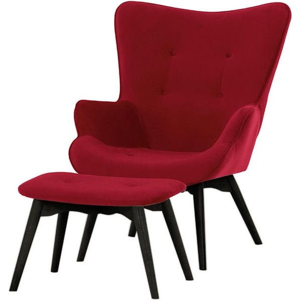 Ducon Velvet Wingback Chair + Footstool, dark red, Leg colour: black