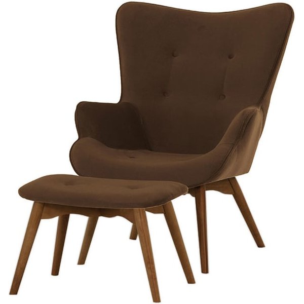 Ducon Velvet Wingback Chair + Footstool, brown, Leg colour: dark oak