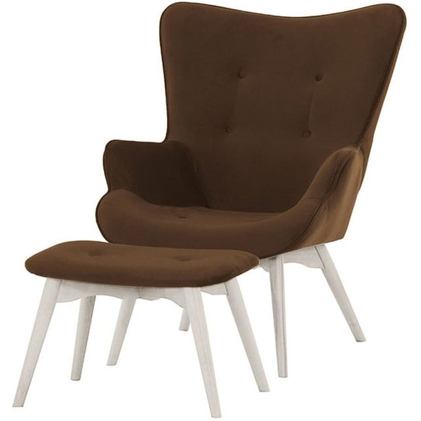 Ducon Velvet Wingback Chair + Footstool, brown, Leg colour: white