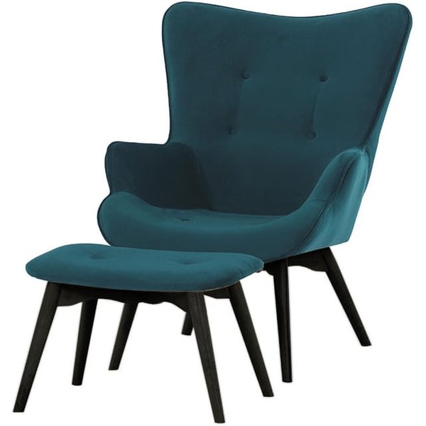 Ducon Velvet Wingback Chair + Footstool, navy blue, Leg colour: black