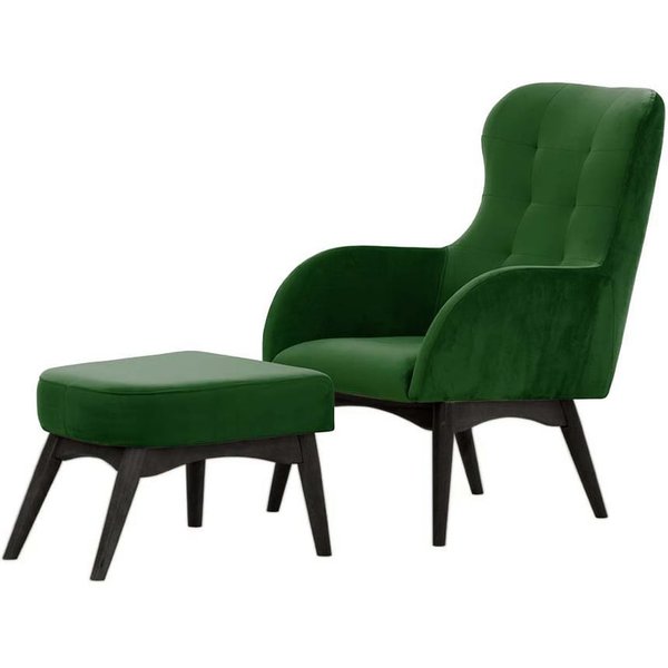 Hollis Wingback Chair with a Footstool, dark green, Leg colour: black