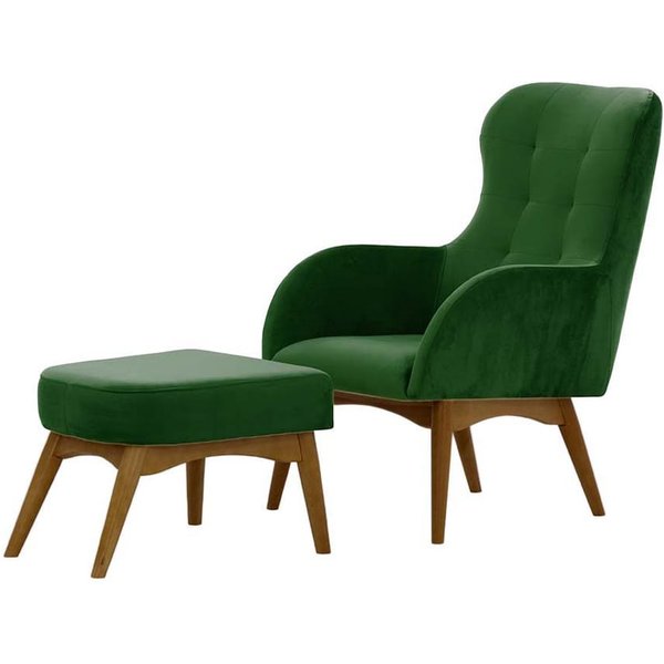 Hollis Wingback Chair with a Footstool, dark green, Leg colour: dark oak