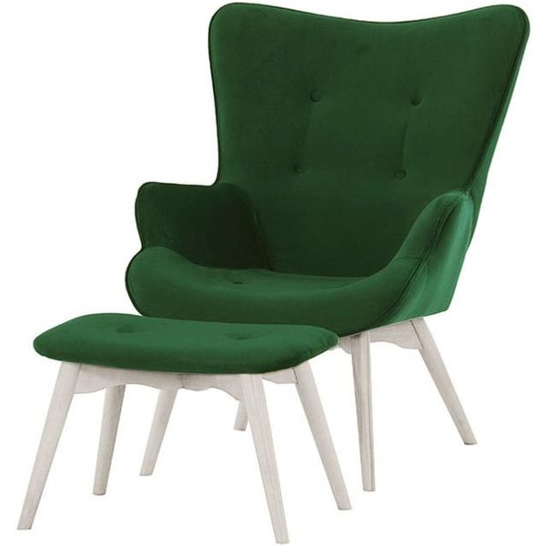 Fauteuil à oreilles avec repose-pied Ducan Velvet, vert bouteille - Kronos 14, Couleur des pieds: Blanc