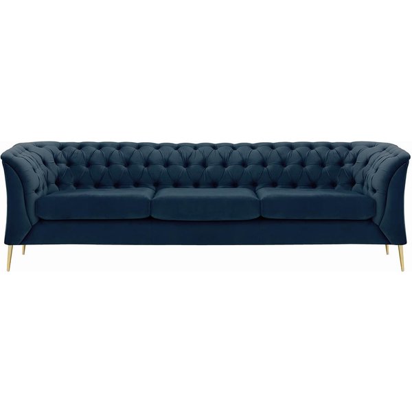 Canapé trois places Chesterfield Modern, bleu - Velluto 11, Couleur des pieds: Métal doré