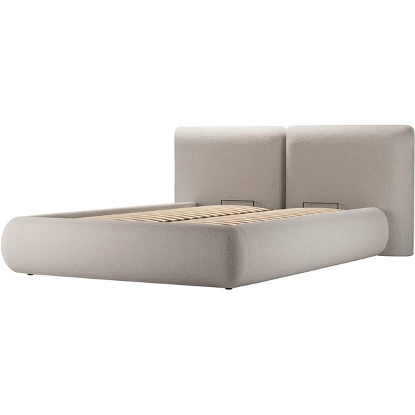 Lit rembourré Agape 140x200cm avec sommier relevable et coffre de rangement, Teddy mink - gris beige