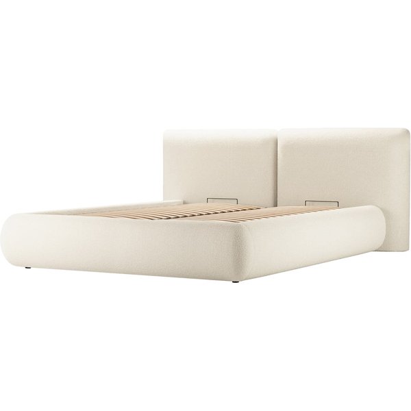 Lit rembourré Agape 180x200cm avec sommier relevable et coffre de rangement, Teddy ivory - ivoire