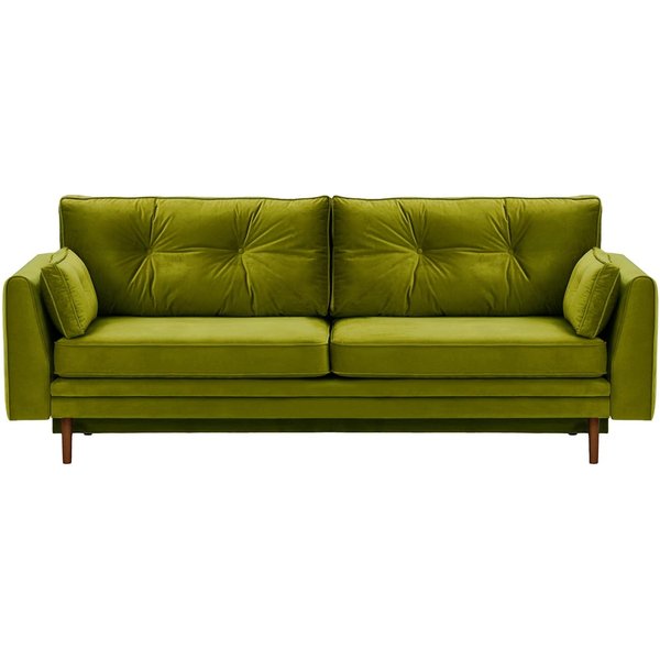 Canapé convertible avec coffre de rangement Amelia, olive - Velluto 9, Couleur des pieds: Chêne foncé