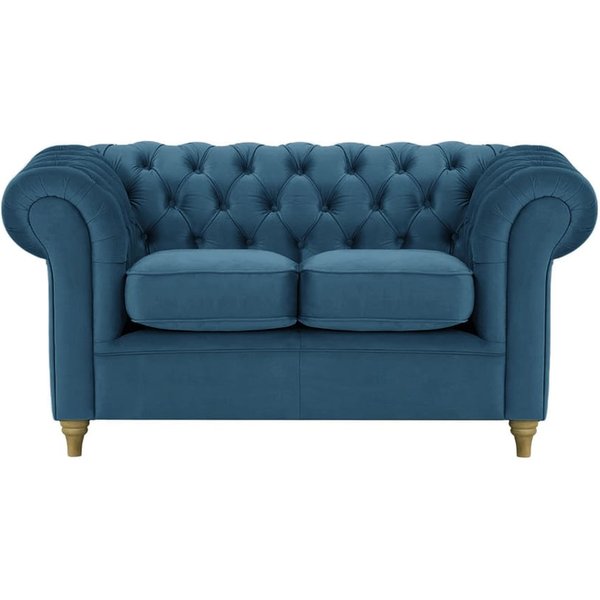Canapé deux places Chesterfield, bleu - Velluto 11, Couleur des pieds: Noir wax
