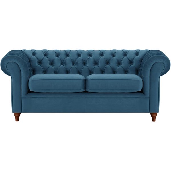 Canapé trois places Chesterfield, bleu - Velluto 11, Couleur des pieds: Chêne foncé