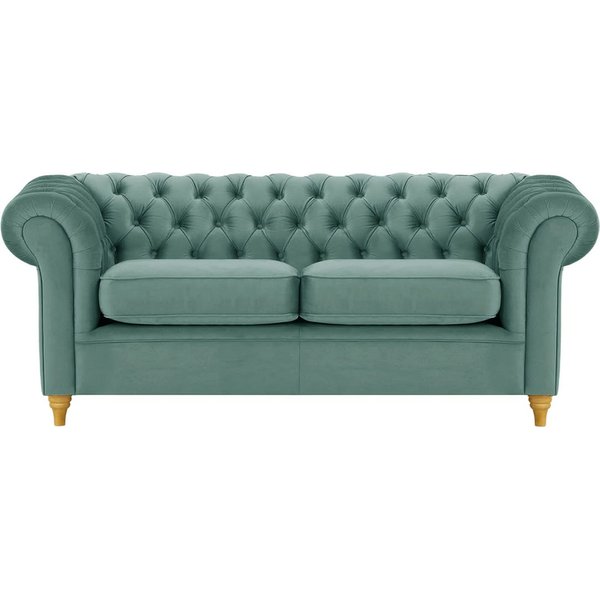 Canapé trois places Chesterfield, bleu - Velluto 12, Couleur des pieds: Chêne clair