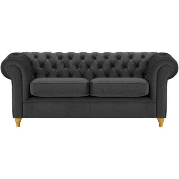 Canapé trois places Chesterfield, noir - Velluto 20, Couleur des pieds: Chêne clair