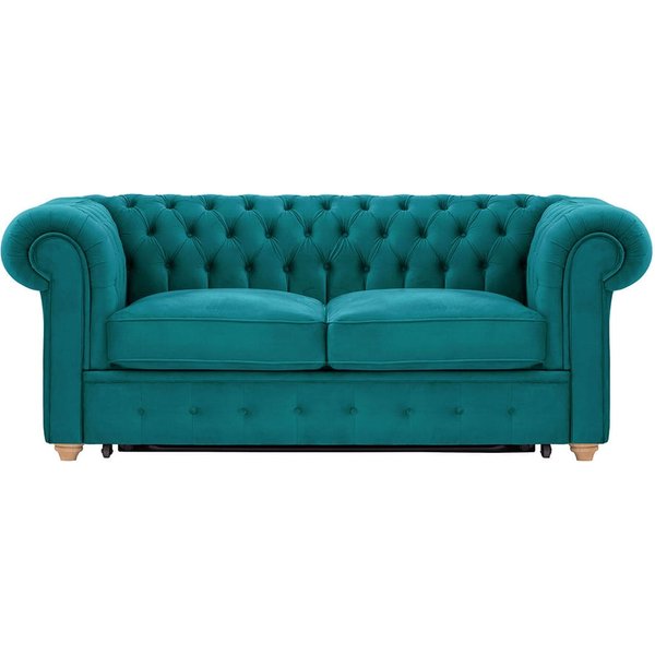 Chesterfield Max Borneo – Canapé deux places convertible, Velluto 36 - Bleu paon, Couleur des pieds: Chêne clair