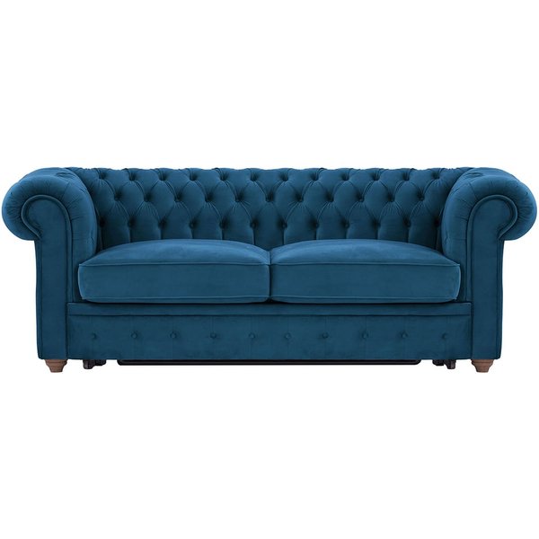 Chesterfield Max Borneo – Canapé trois places convertible avec sommier, bleu - Velluto 11, Couleur des pieds: Chêne foncé