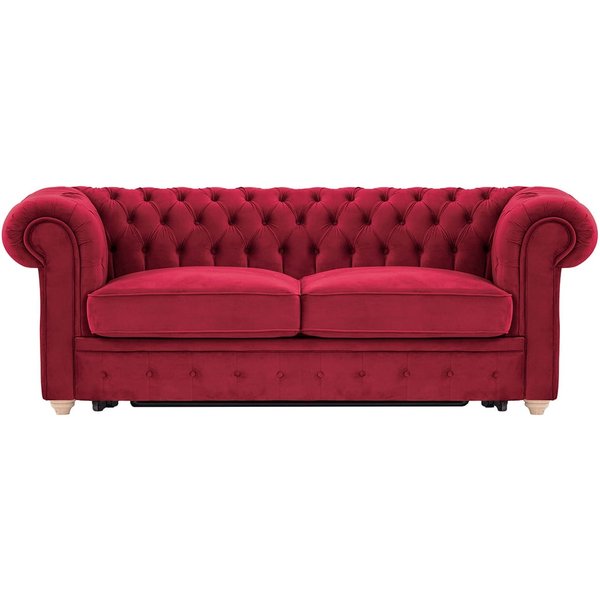 Chesterfield Max Borneo – Canapé trois places convertible avec sommier, rouge - Velluto 7, Couleur des pieds: Chêne clair