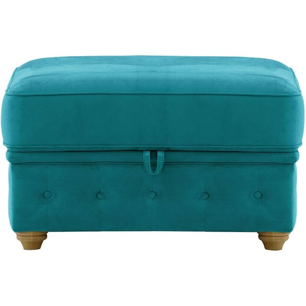 Chesterfield Borneo – Pouf avec coffre de rangement, Velluto 36 - Bleu paon, Couleur des pieds: Chêne foncé