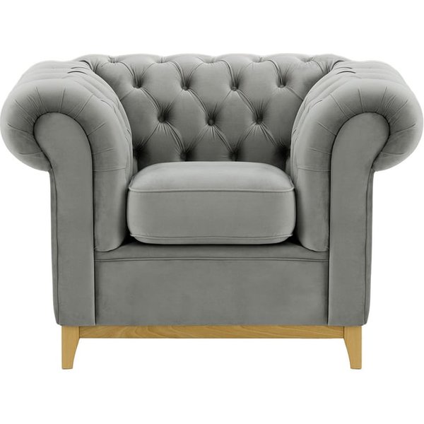 Fauteuil Chesterfield Wood, gris clair - Velluto 15, Couleur des pieds: Chêne clair