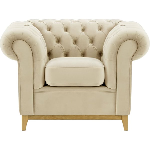 Fauteuil Chesterfield Wood, beige clair - Velluto 2, Couleur des pieds: Chêne clair