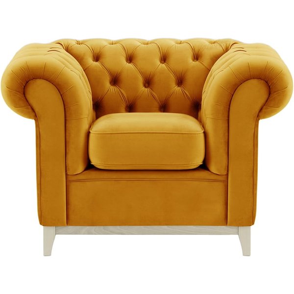 Fauteuil Chesterfield Wood, moutarde - Velluto 8, Couleur des pieds: Blanc