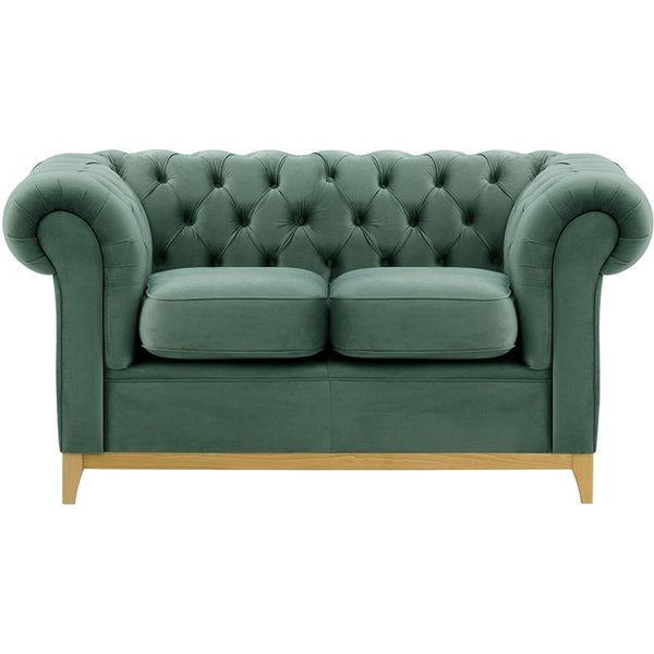Canapé deux places Chesterfield Wood, bleu - Velluto 12, Couleur des pieds: Chêne clair
