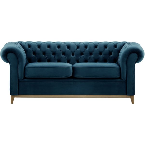 Canapé trois places Chesterfield Wood, Velluto 36 - Bleu paon, Couleur des pieds: Noir