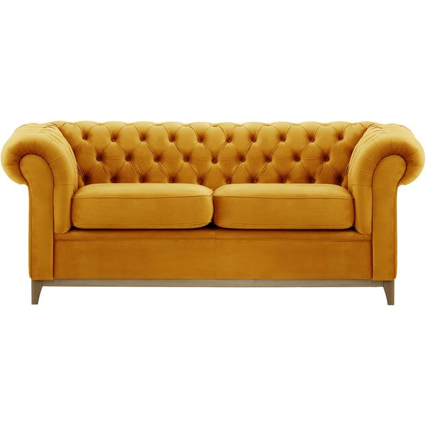 Canapé trois places Chesterfield Wood, moutarde - Velluto 8, Couleur des pieds: Noir wax