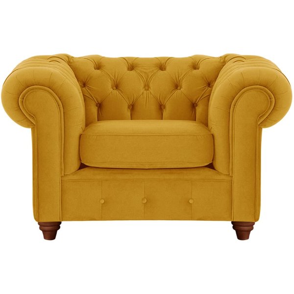 Fauteuil Chesterfield Max, moutarde - Velluto 8, Couleur des pieds: Chêne foncé