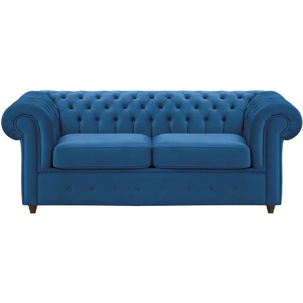 Chesterfield Max – Canapé deux places avec fonction de couchage, bleu - Velluto 11, Couleur des pieds: Chêne foncé