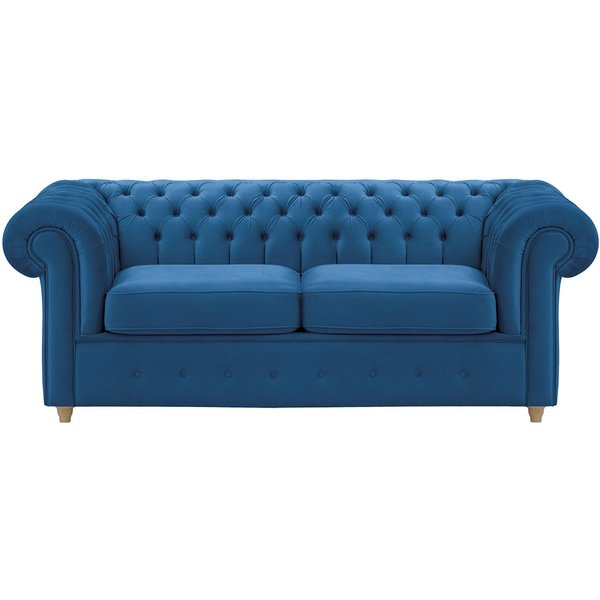 Chesterfield Max – Canapé deux places avec fonction de couchage, bleu - Velluto 11, Couleur des pieds: Chêne clair