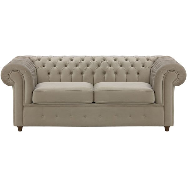 Chesterfield Max – Canapé deux places avec fonction de couchage, beige - Velluto 3, Couleur des pieds: Chêne foncé